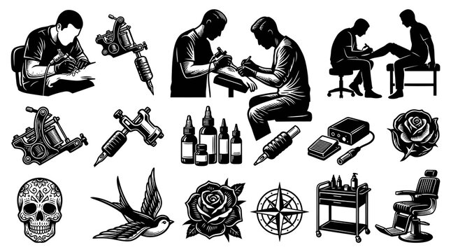 Tattoo Artist at Work with Equipment, Skull, Bird, Rose, Compass, Chair - BW Line Art