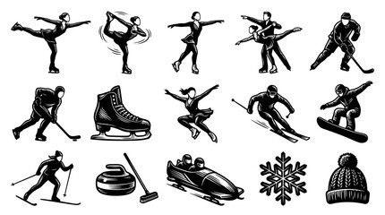 Obraz premium Black and White Line Art of Winter Sports Icons: Ice Skating, Skiing, Hockey, Bobsled