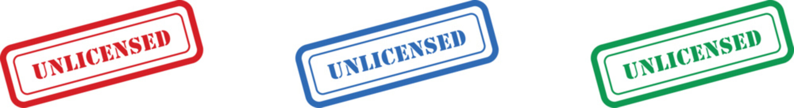 Three rectangular red, blue, and green stamps displaying the word UNLICENSED on a white background