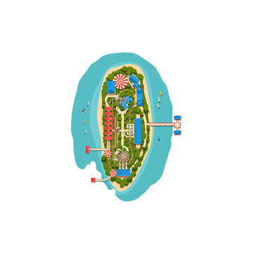 Aerial view of a tropical island theme park and resort illustration