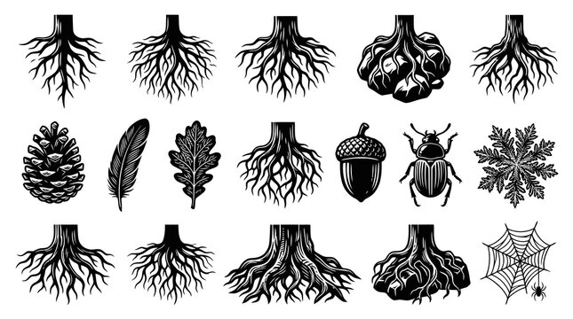 Nature Icons: Black  White Engraving Style Set with Tree Roots, Pinecone, Acorn, Beetle  Forest Elements