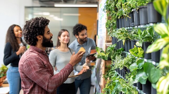 Team discussing vertical garden project, promoting green spaces in modern office environment.