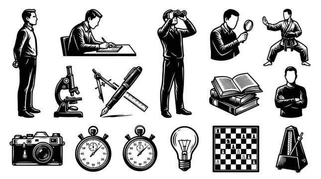 Black and White Line Art Icons: Science, Education, and Sports Symbols