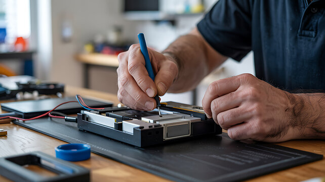 Precision Repair: A skilled technician meticulously repairs electronic equipment, demonstrating expertise and dedication in a focused workspace.