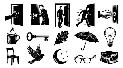 Obraz premium Black White Vintage Engraving Style Vector Icon Set: Doors, Keys, Symbols Everyday Objects