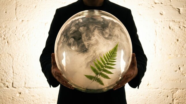 Earth Day Concept with Glass Sphere and Fern Held by Human