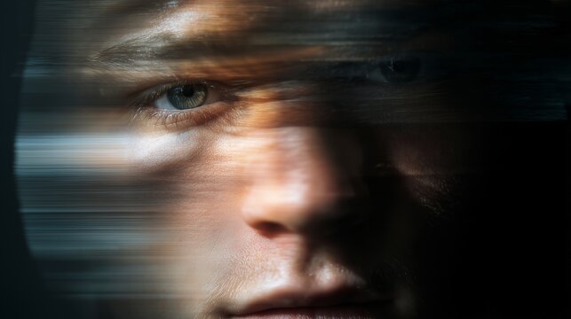 Fragmented face showing motion and visual distortion during a moment of dizziness and perception issues