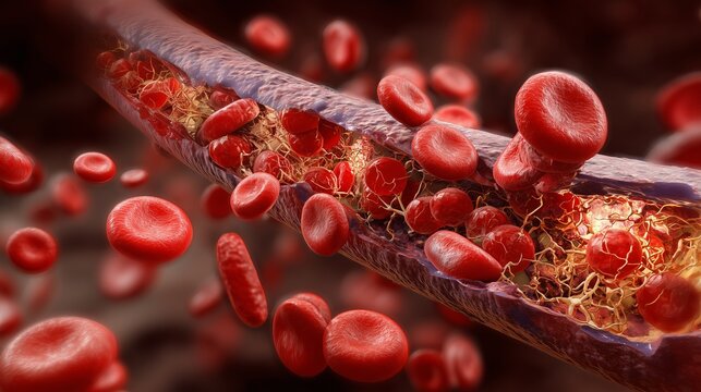 Blood cells move through a blood vessel during the human circulatory process, showing a close up view of red blood cells and platelets