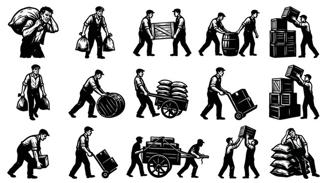 Vintage Manual Labor  Logistics Workers: Black  White Line Art Moving Goods, Crates, Sacks, Barrels