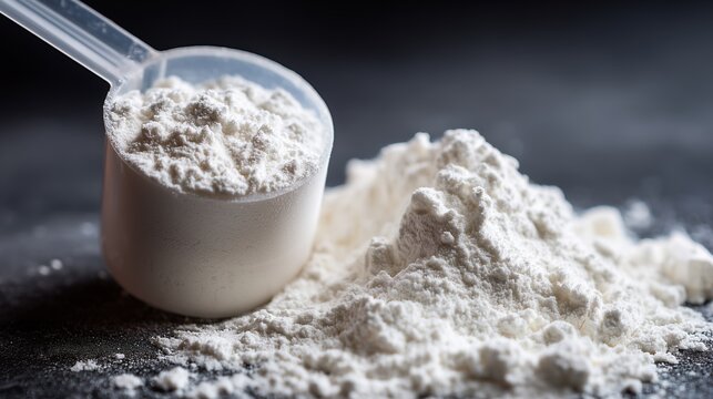 Creatine monohydrate powder in a clear scoop on a black surface with a pile of powder nearby