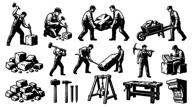 Black  White Vintage Engraving of Stonemasonry, Construction Workers, Stone Blocks  Hand Tools.