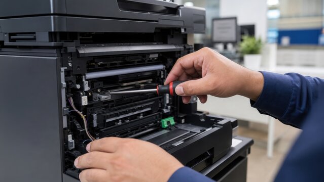 A technician repairs a printer, using a screwdriver to access internal components, showcasing maintenance work in an office environment.