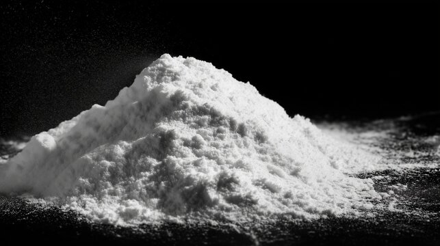 Creatine monohydrate powder on a dark surface with small particles visible in the background during a still moment