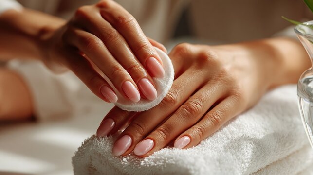 A closeup of a nail technician wiping nails with a cotton pad during a manicure. Clean, glossy nails and soft lighting highlight this minimal beauty ritual.