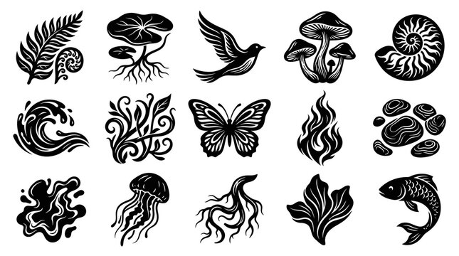 Black  White Nature Icons: Fern, Lotus, Bird, Mushroom, Seashell, Wave, Butterfly, Flame, Stones, Fish, Jellyfish, Ink Splash