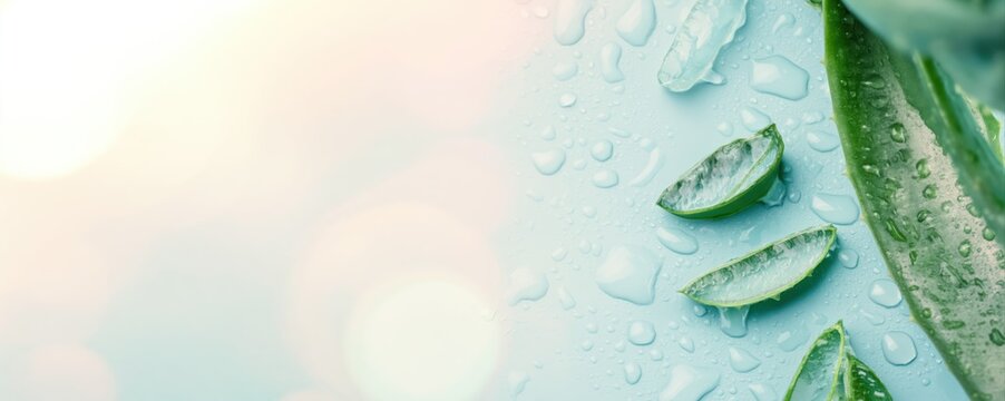 Fresh aloe vera leaves and gel slices rest on a clean gradient background with water droplets. The ultra-sharp details and diffused light evoke luxury skincare and hydration.