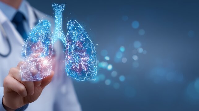 Medical professional demonstrates digital lung model to explain respiratory health in a clinic during a consultation