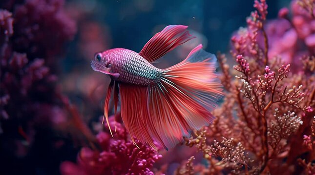 Vibrant siamese fighting fish in aquatic habitat with coral and soft lighting