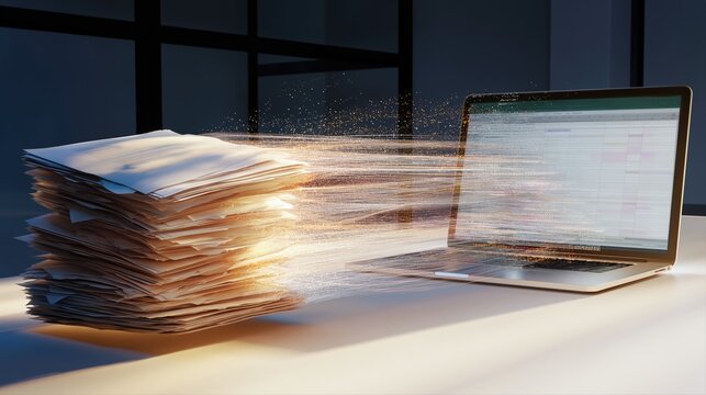 A cluttered stack of paper documents transforms into glowing data flowing into a laptop spreadsheet. Dramatic lighting emphasizes digital transformation and office efficiency.