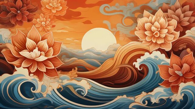 Vibrant Sunrise Over Stylized Ocean Waves with Lotus Flowers.