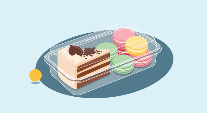 Slice of chocolate layer cake and colorful macarons inside a clear plastic takeaway container, isolated on a light blue background.