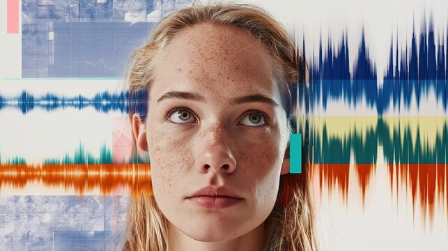 A photorealistic portrait features abstract waveforms and charts in a bold editorial layout. Strong contrast creates a premium, modern design with digital overlays.