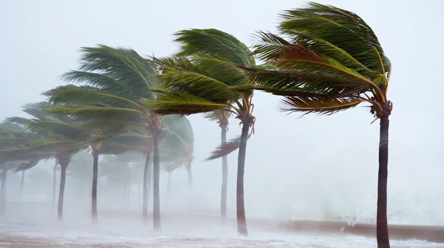 Tall palm trees bend under fierce winds in a coastal storm. Ocean waves crash as heavy rain and mist create an intense natural weather scene.