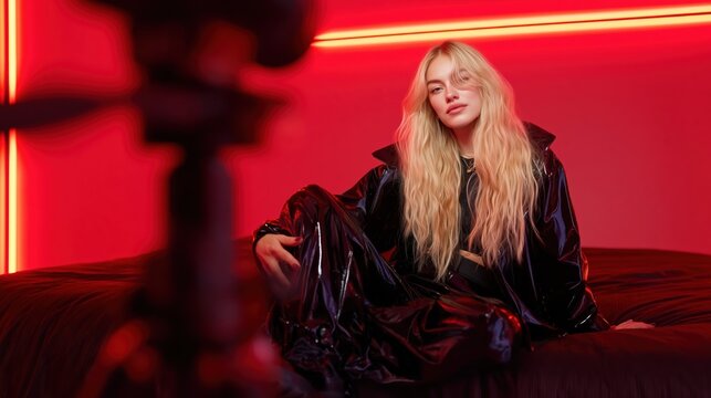 A stylish woman content creator poses on a bed in a modern studio with bold red neon lighting. Cinematic, high-end aesthetic and shallow depth of field emphasize creative production.
