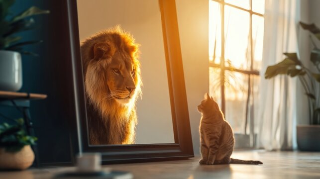 A curious cat gazes into a mirror, seeing a mighty lion with a glowing mane. Warm sunlight fills the room, creating an inspirational and motivational atmosphere.