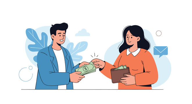 Friendly man and woman engaging in a cash transaction as he hands over a stack of banknotes to her while she holds a wallet.