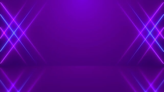 Purple neon laser stage background crossing blue magenta light beams, reflective floor, and empty center space. music videos, dance promos, event intros, club visuals, party screens, modern overlays.