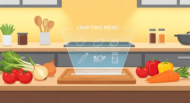 Futuristic kitchen counter showcasing an augmented reality crafting menu for interactive digital cooking experiences and comprehensive recipe guidance