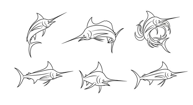 Marlin Fish Silhouette Set in Various Swimming and Jumping Poses