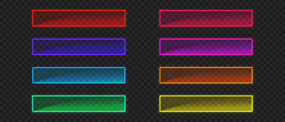 Neon glass button frame set, Glass illuminated 3d buttons with glare, Neon realistic glowing frames for web design © VaniLinka