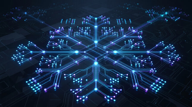 Intricate digital snowflake network with glowing nodes and data pathways, symbolizing complex connectivity and information flow in advanced technology systems