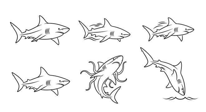 Set of hand-drawn sharks in various poses, artistic vector illustration