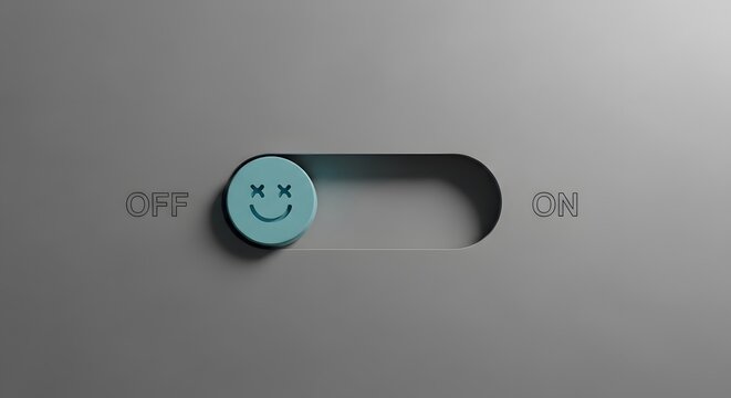 A toggle switch with a dead smiley face in the "OFF" position, symbolizing turning off emotions or a state of mind.