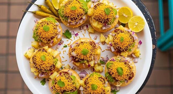 Sev puri street food served on a white platter with chopped onions and fresh coriander garnish.