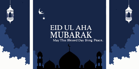 Eid ul adha mubarak greeting card with mosque silhouettes and crescent moon © Achinta