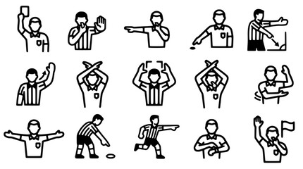 Obraz premium Referee gestures for sporting events and game actions, displayed in black outline on a white backdrop.