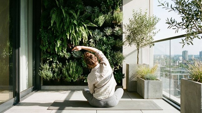 Woman practices seated yoga stretch on a sunny balcony, lush vertical garden and city skyline behind, calm wellness mood for home fitness and mindfulness