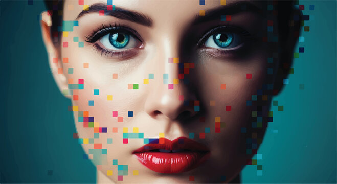 Close-up portrait of a woman with colorful pixelated face art on a blue