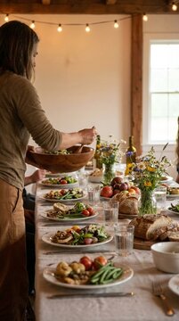 Woman serves salad at a rustic dining table set with shared dishes and fresh flowers, warm string lights create a cozy gathering mood, ideal for family meal hosting