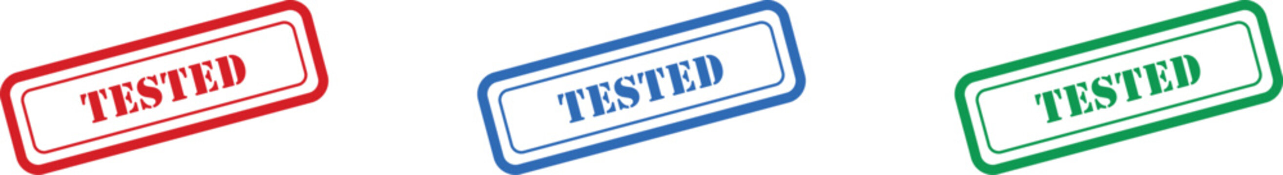 Three vibrantly colored rectangular stamps displaying the important word TESTED on a clean white background