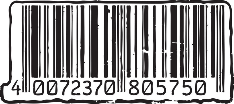 Professional black barcode silhouette featuring a distressed grunge texture and weathered rough edges with identification numbers perfect for vintage retail shipping labels and creative commerce asset