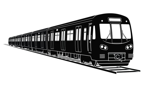 black and white illustration of a long passenger train traveling on railway tracks side view high quality professional detailed modern elegant stylish clean crisp
