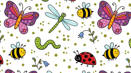cute insect pattern, butterflies bees ladybug dragonfly worm seamless background, colorful nature vector illustration design © MdSayed