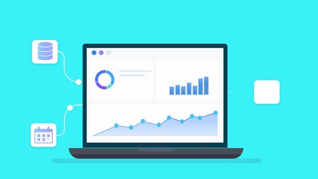 Animated flat illustration of a laptop displaying analytics charts with database and calendar icons, representing data organization, planning, and workflow management.