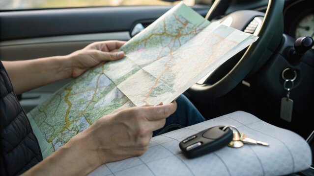 Person holding a folded paper map inside a car, with car keys and a key fob resting on the passenger seat.