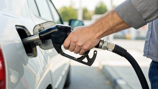 A person refueling a white car with gasoline at a fuel station during the day, holding the fuel nozzle inserted into the vehicle&rsquo;s gas tank.